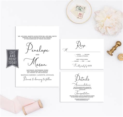 Elegant Wedding Invitation Set Rsvp And Details Card Editable Etsy