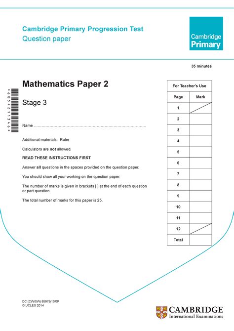 Cambridge Primary Progression Test Stage 3 Mathematics 2014 Paper 2