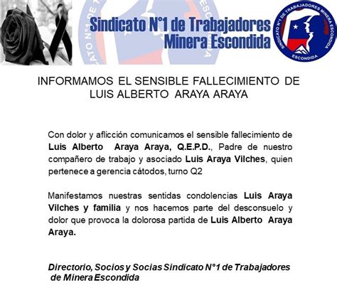 Informamos El Sensible Fallecimiento De Luis Alberto Araya Araya Sindicato N De Trabajadores