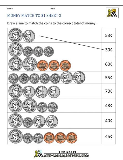 The worksheets below provide problems in increasing difficulty, starting with the easiest combinations, such as only pennies and dimes together. Counting Money Worksheets up to $1
