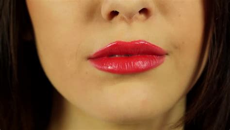 Macro Closeup Of Sexy Woman With Red Lips Flirting Seductive Stock