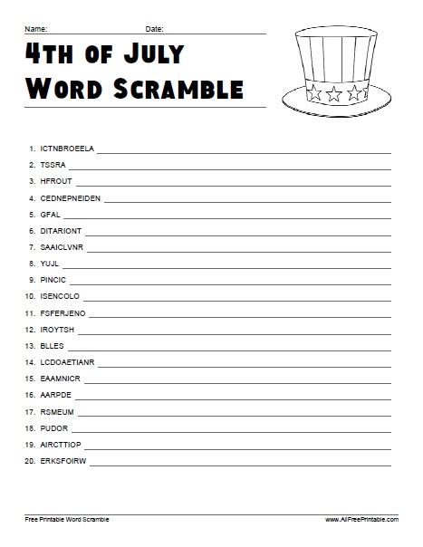 Print Fourth Of July Crossword Free Printable