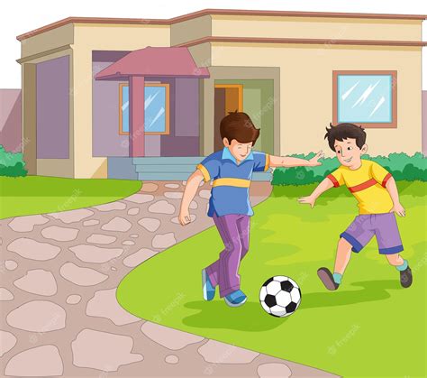 Premium Vector Two Cute Boys Playing Football Outside Their House