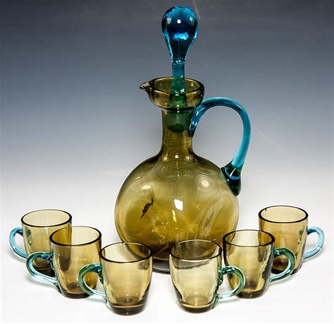 Antique French Blown Colored Glass Liqueur Carafe Decanter And 6 Cups George Sand Cobalt Glass