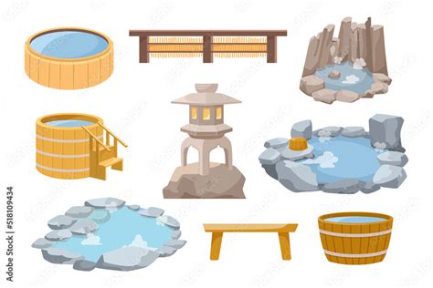 japanese hot spring elements vector illustrations set collection of cartoon drawings of outdoor