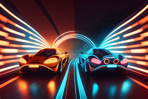 Two High Speed Sports Cars In Motion Racing Moment In Neon Light