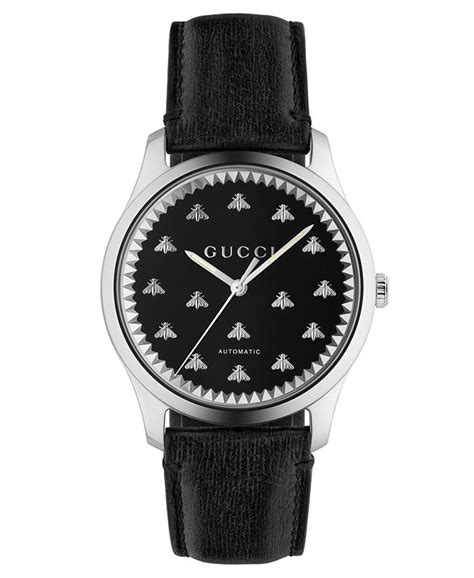 Gucci Mens Swiss Automatic G Timeless Black Leather Strap Watch 42mm