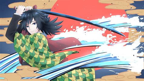 Demon Slayer Giyuu Tomioka Having Sword With Background Of Red Yellow