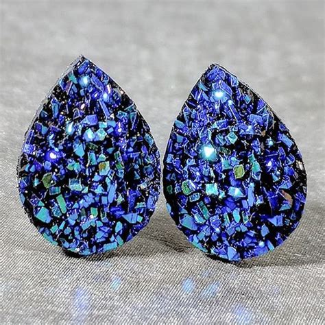 New Dark Blue Druzy Teardrop Earrings Sparkly Studs Stud Earrings