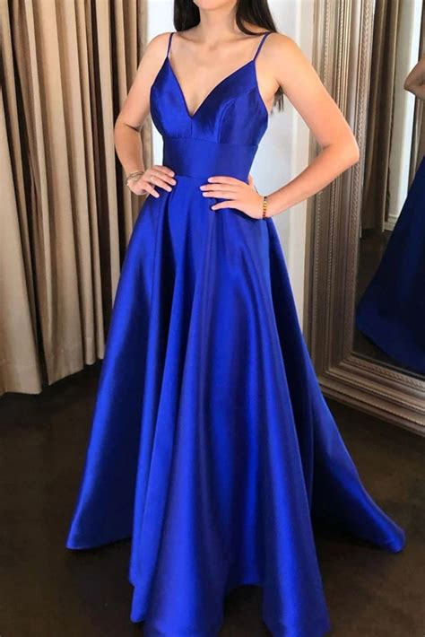 Royal Blue Satin Long Prom Dresses With Pockets Open Back Fd2094
