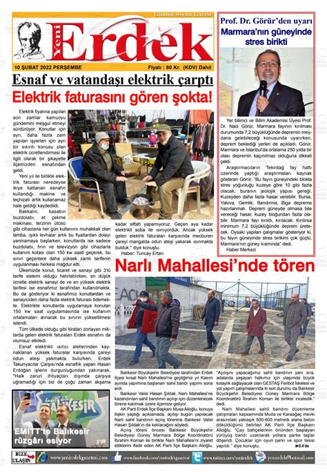 10 Şubat 2022 tarihli Yeni Erdek Gazete Manşetleri