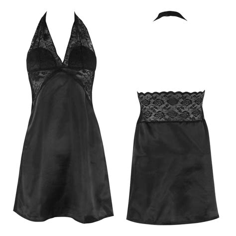 Sexy Black 2pcs Halter V Neck Lace Patchwork Nightgown