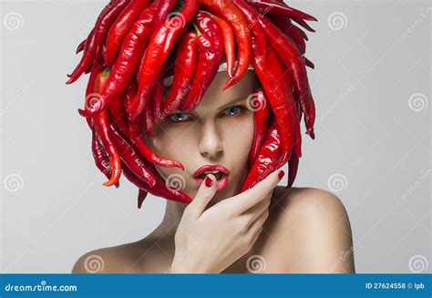 Fashion Woman With Red Chili Pepper As A Headwear Stock Photo Image