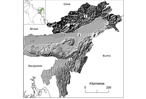 Map Showing Digital Elevation Model Of Northeast India Shaded Region