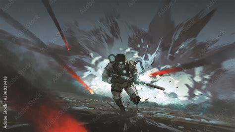 Futuristic Soldier Running Away From Giant Explosion Digital Art Style