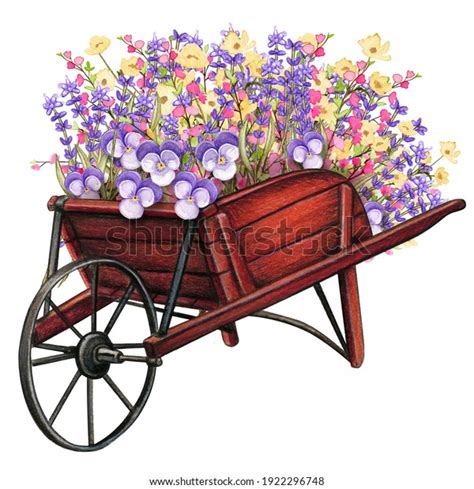 Wooden Wheelbarrow Full Spring Flowers Stock Illustration 1922296748