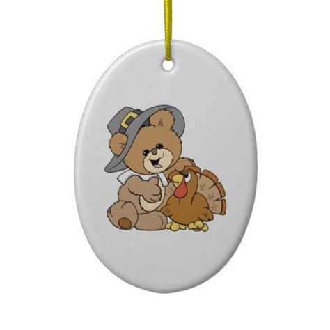 Cute Pilgrim Teddy Bear With Turkey Ceramic Ornament