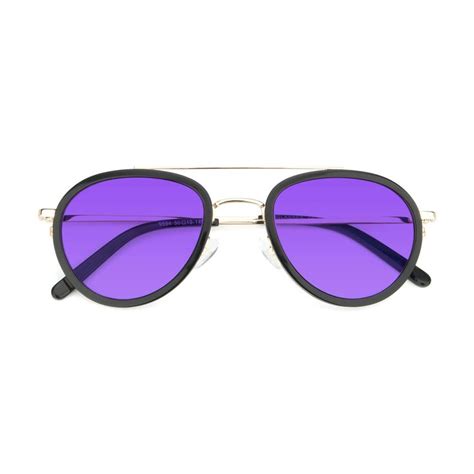 Black Gold Double Bridge Retro Vintage Aviator Tinted Sunglasses With Purple Sunwear Lenses