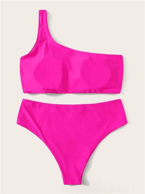 Plus Neon Pink One Shoulder Bikini Set In 2020 One Shoulder Bikini