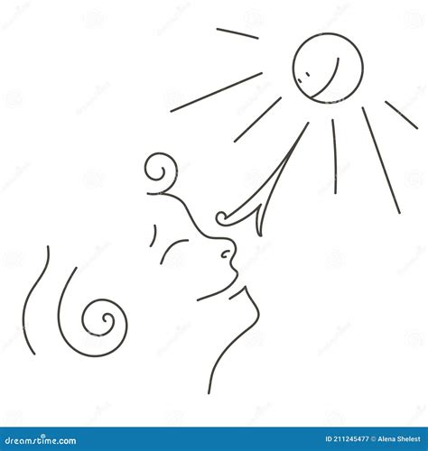 Continuous Line Art Abstract Woman Face Happy Sunny Smile Sun Rays