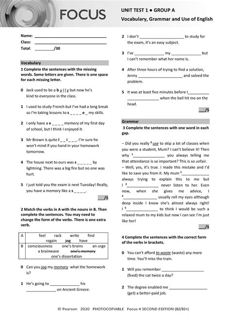 Focus 4 2e Unit Test Vocabulary Grammar Uo E Unit1 Group A © Pearson