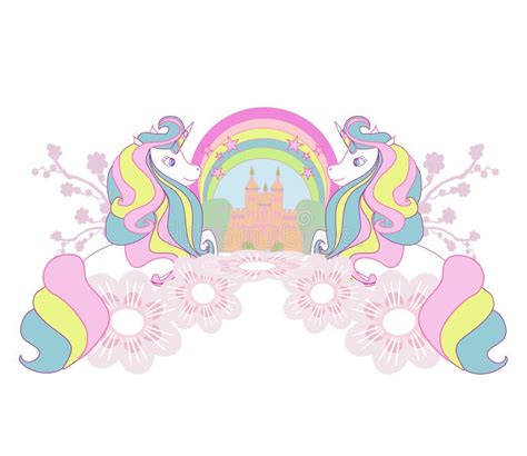 Cute Unicorns And Fairy Tale Princess Castle Stock Vector