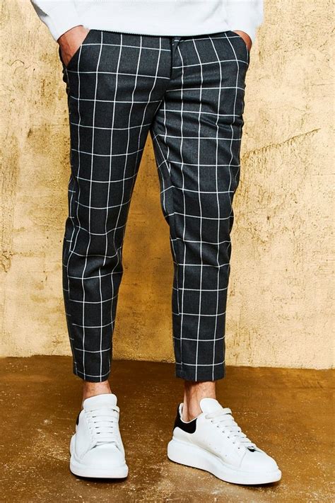 check tailored trousers boohooman uk pants outfit men stylish mens outfits men fashion