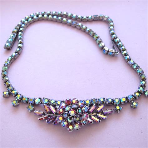 Vintage Pink Aurora Borealis Rhinestone Necklace Made In England From