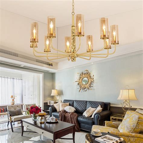 Modern Contemporary 10 Light Brass Chandelier With Glass Shade For