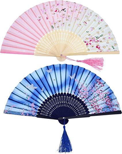 2 Pieces Folding Fans Handheld Fans Bamboo Fans With Tassel Womens