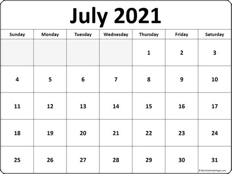 July 2021 Blank Calendar Templates