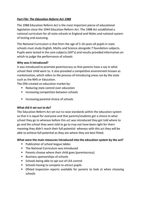 Fact File Help Sheet Fact File The Education Reform Act 1988 The