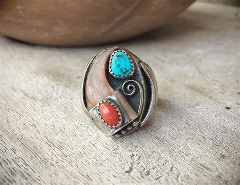 Vintage Sterling Silver Navajo Turquoise Coral Native American Indian