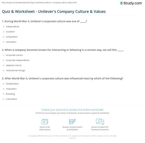 Quiz Worksheet Unilever S Company Culture Values Study