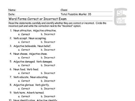Word Forms Correct Incorrect Exam Teaching Resources