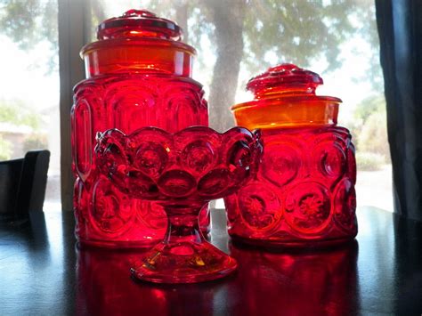 Antique Red Glass Canister Set And Candy Dish Le Smith Moon