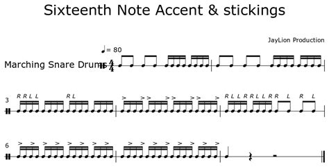 Sixteenth Note Accent And Stickings Sheet Music For Marching Bass Drums