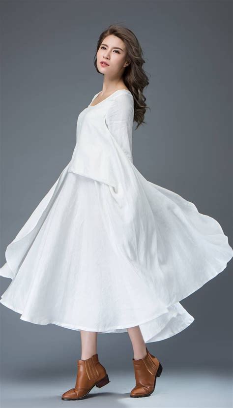 White Linen Dress Layered Flowing Elegant Long Sleeve Long Etsy