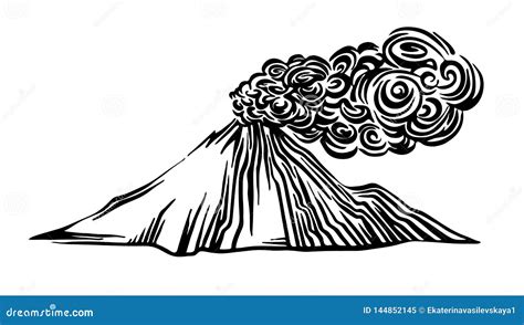 Hand Drawn Volcano Eruption Outline Sketch Vector Black Ink Drawing