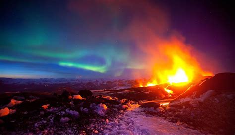 Erupting Volcano With Aurora Iceland Northern Lights Scenery Volcano