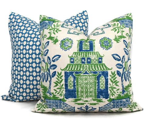 Blue And Green Teahouse Pagoda Decorative Pillow Covers Toss Pillow