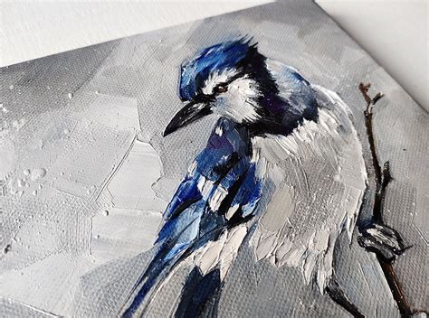 Blue Jay Painting Bird Original Art Canvas Oil Painting 8 By 8 Etsy