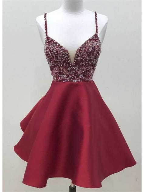 Dark Red Short Prom Dresses Spaghetti Strap Beaded A Line Homecoming