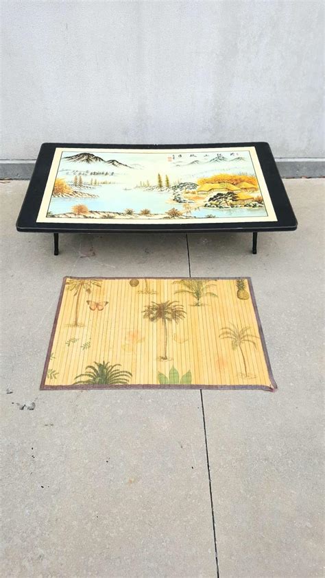 Vintage Wang Brand Korean Folding Tea Table With Bamboo Kneeling Pad