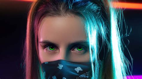 Download Masked Girl With Neon Green Eyes Wallpaper