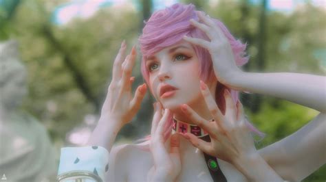 Karina Salakhutdinova Women Pink Hair Hands Dyed Hair Cosplay Painted Nails Looking Away