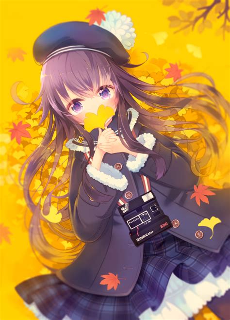 Safebooru 1girl Akatsuki Kantai Collection Alternate Costume Autumn Leaves Beret Black Hair