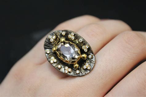 Oxidized Sterling Silver Statement Ring With Cz And Gold Accents