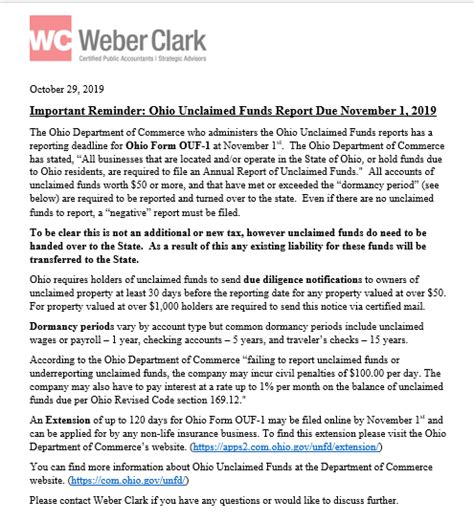 Important Reminder Ohio Unclaimed Funds Report Due November 1 2019