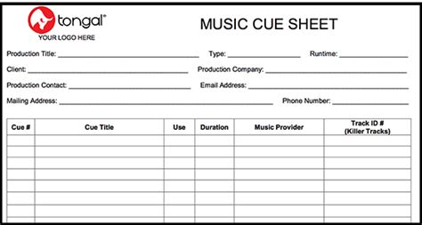 Available in landscape and portrait format. Music cue sheet for film